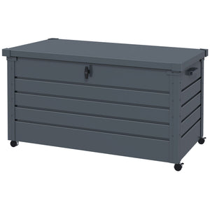 331 Litre Garden Storage Box, Waterproof Outdoor Storage Box with Wheels and Handles, Lockable Galvanised Steel Outside Deck Box Organiser for Tools, Cushions, Dark Grey