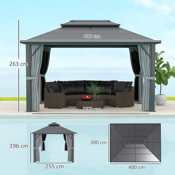 3 x 4m Hardtop Gazebo Canopy with UPF30+ Double Polycarbonate Roof, Aluminium Frame Garden Gazebo Permanent Pavilion with Mosquito Netting and Curtains for Patio, Deck, Grey