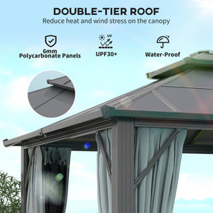 3 x 4m Hardtop Gazebo Canopy with UPF30+ Double Polycarbonate Roof, Aluminium Frame Garden Gazebo Permanent Pavilion with Mosquito Netting and Curtains for Patio, Deck, Grey
