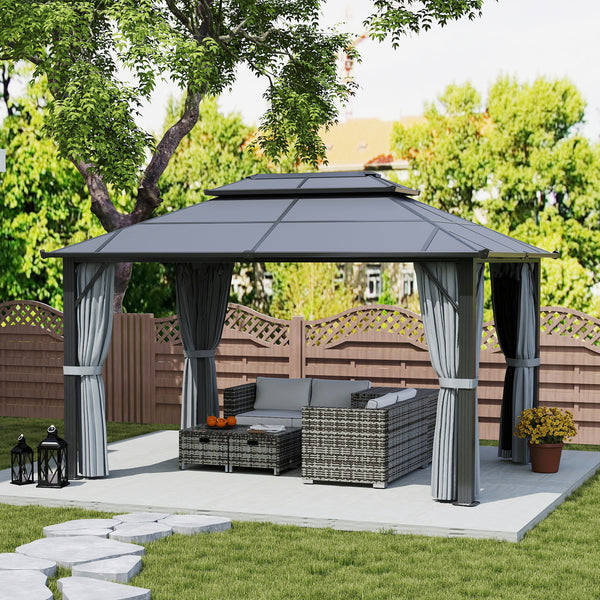 3 x 4m Hardtop Gazebo Canopy with UPF30+ Double Polycarbonate Roof, Aluminium Frame Garden Gazebo Permanent Pavilion with Mosquito Netting and Curtains for Patio, Deck, Grey