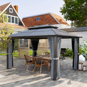 3 x 4m Hardtop Gazebo Canopy with UPF30+ Double Polycarbonate Roof, Aluminium Frame Garden Gazebo Permanent Pavilion with Mosquito Netting and Curtains for Patio, Deck, Grey