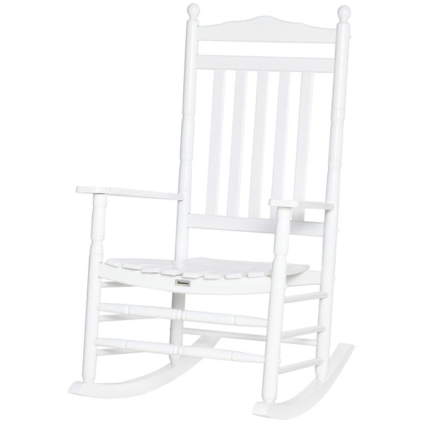Wooden Outdoor Rocking Chair, Patio Rocking Chair with Slatted High Back and Armrests, Patio Chair for Porch, Garden, Lawn, White
