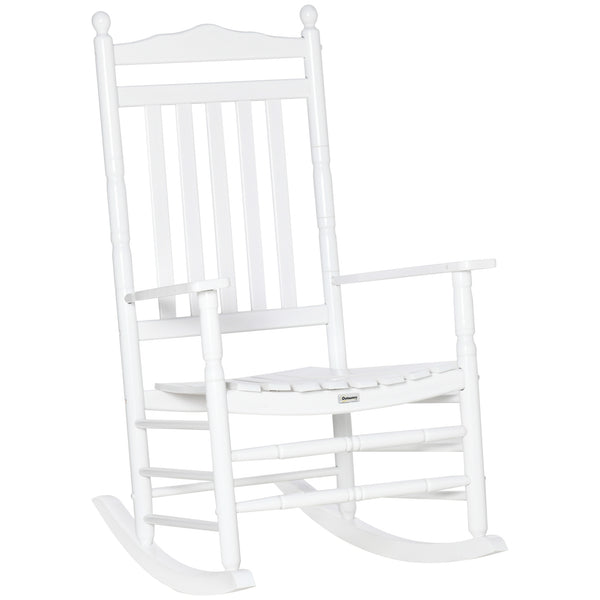 Wooden Outdoor Rocking Chair, Patio Rocking Chair with Slatted High Back and Armrests, Patio Chair for Porch, Garden, Lawn, White