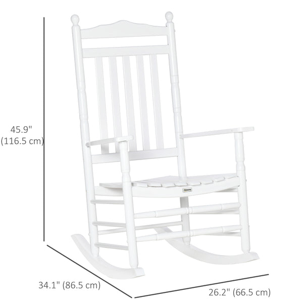 Wooden Outdoor Rocking Chair, Patio Rocking Chair with Slatted High Back and Armrests, Patio Chair for Porch, Garden, Lawn, White
