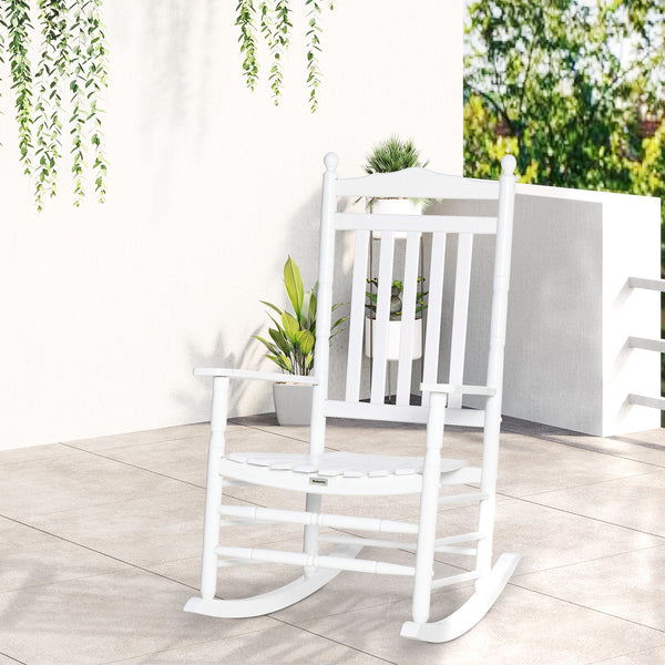 Wooden Outdoor Rocking Chair, Patio Rocking Chair with Slatted High Back and Armrests, Patio Chair for Porch, Garden, Lawn, White