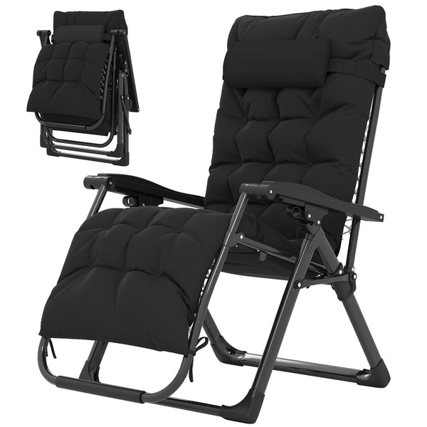 Reclining Zero Gravity Chair with Adjustable Backrest, Folding Garden Sun Lounger, Outdoor Recliner with Removable Cushion and Headrest, Black