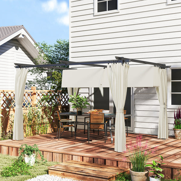 10' x 13' Retractable Pergola Canopy with Curtains, Outdoor Gazebo UPF30+ Sun Shade Shelter for Grill, Garden, Patio, Backyard, Deck, Cream White