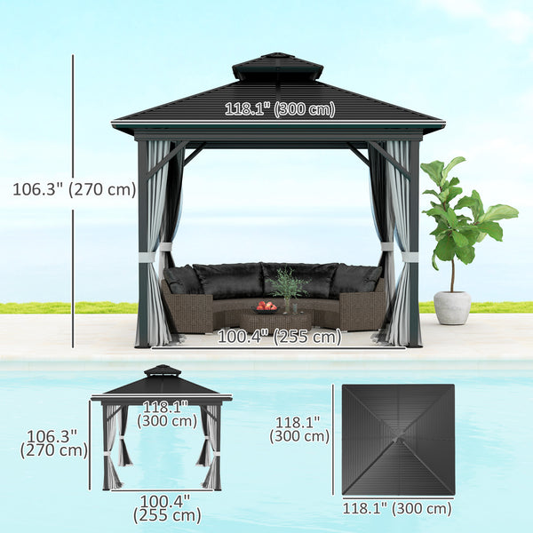 10' x 10' Hardtop Gazebo, Aluminum Frame Garden Sun Shelter with Double Tier Metal Roof, Mosquito Netting, Curtains, and Hanging Hook, Light Grey