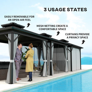 10' x 10' Hardtop Gazebo, Aluminum Frame Garden Sun Shelter with Double Tier Metal Roof, Mosquito Netting, Curtains, and Hanging Hook, Light Grey