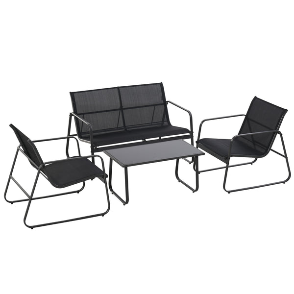 4 Piece Garden Furniture Set Outdoor Patio Sofa Set with Double Chair, Single Chairs and Glass Top Table for Terrace and Balcony, Black