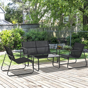 4 Piece Garden Furniture Set Outdoor Patio Sofa Set with Double Chair, Single Chairs and Glass Top Table for Terrace and Balcony, Black