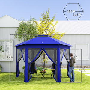 Outsunny 13' x 13' Pop Up Gazebo, Hexagonal Canopy Shelter with 6 Zippered Mesh Netting, Event Tent with Strong Steel Frame for Patio Backyard Garden Wedding Party, Dark Blue and Black