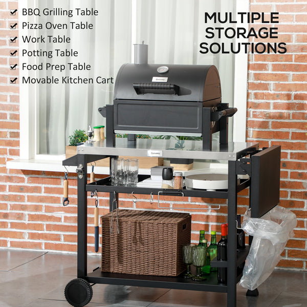 Outdoor Grill Dining Cart with Foldable Side table, Stainless Steel Top, Portable BBQ Trolley with 2 Wheels, 6 Hooks, 3-Shelf Movable Food Prep Pizza Oven Table for Kitchen, Patio, Garden