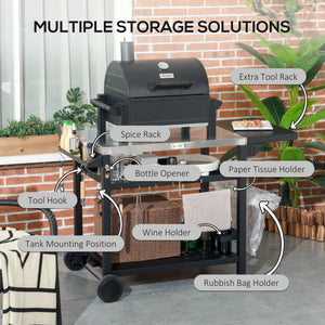Outdoor Grill Dining Cart with Foldable Side table, Stainless Steel Top, Portable BBQ Trolley with 2 Wheels, 6 Hooks, 3-Shelf Movable Food Prep Pizza Oven Table for Kitchen, Patio, Garden