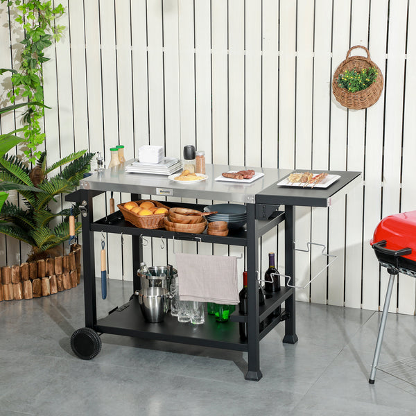 Outdoor Grill Dining Cart with Foldable Side table, Stainless Steel Top, Portable BBQ Trolley with 2 Wheels, 6 Hooks, 3-Shelf Movable Food Prep Pizza Oven Table for Kitchen, Patio, Garden