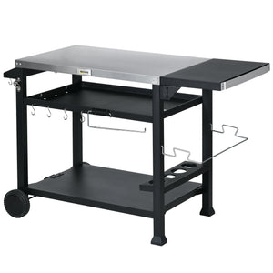 3-Shelf Outdoor Grill Cart with Foldable Side Table, 46.1" x 21.7" Multifunctional Pizza Oven Stand with Stainless Steel Tabletop, Movable Food Prep Table on Wheels, Black
