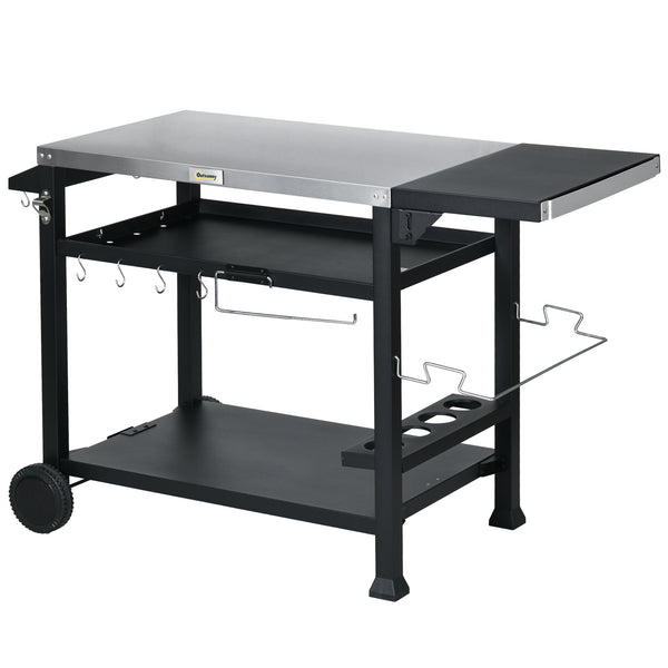3-Shelf Outdoor Grill Cart with Foldable Side Table, 46.1" x 21.7" Multifunctional Pizza Oven Stand with Stainless Steel Tabletop, Movable Food Prep Table on Wheels, Black