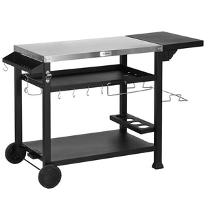 3-Shelf Outdoor Grill Cart with Foldable Side Table, 46.1" x 21.7" Multifunctional Pizza Oven Stand with Stainless Steel Tabletop, Movable Food Prep Table on Wheels, Black