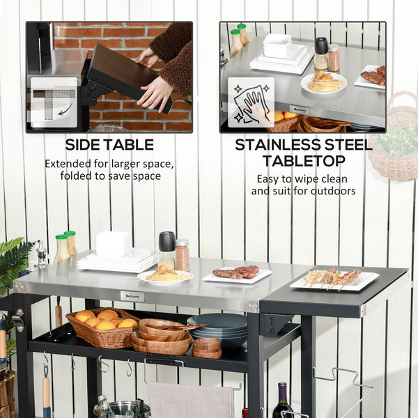 3-Shelf Outdoor Grill Cart with Foldable Side Table, 46.1" x 21.7" Multifunctional Pizza Oven Stand with Stainless Steel Tabletop, Movable Food Prep Table on Wheels, Black
