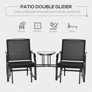 Outdoor Double Glider Rocking Chairs with Glass Top Middle Table, Metal Gliding Love Seat Conversation Furniture with Breathable Mesh Fabric Seat, for Garden, Patio, Black