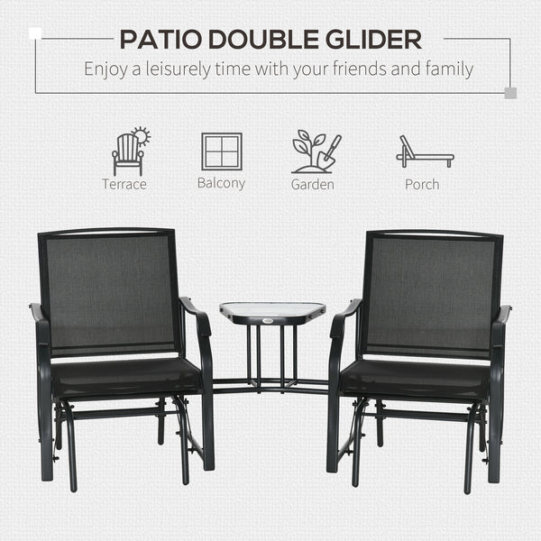 Outdoor Double Glider Rocking Chairs with Glass Top Middle Table, Metal Gliding Love Seat Conversation Furniture with Breathable Mesh Fabric Seat, for Garden, Patio, Black
