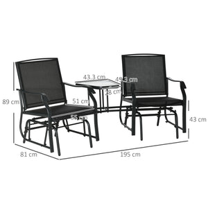 Outdoor Double Glider Rocking Chairs with Glass Top Middle Table, Metal Gliding Love Seat Conversation Furniture with Breathable Mesh Fabric Seat, for Garden, Patio, Black