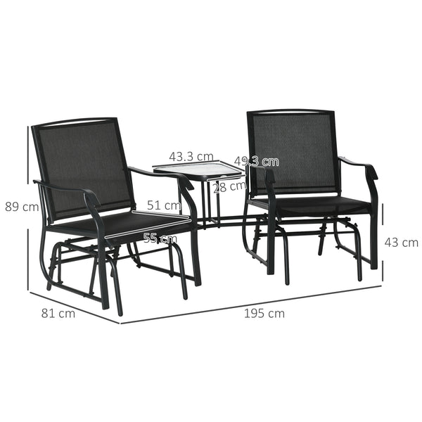 Outdoor Double Glider Rocking Chairs with Glass Top Middle Table, Metal Gliding Love Seat Conversation Furniture with Breathable Mesh Fabric Seat, for Garden, Patio, Black