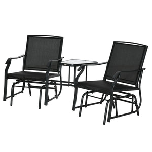 Outdoor Double Glider Rocking Chairs with Glass Top Middle Table, Metal Gliding Love Seat Conversation Furniture with Breathable Mesh Fabric Seat, for Garden, Patio, Black