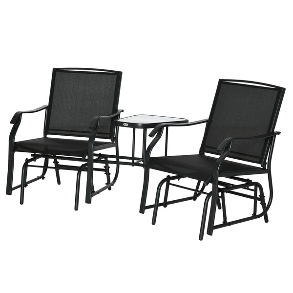 Outdoor Double Glider Rocking Chairs with Glass Top Middle Table, Metal Gliding Love Seat Conversation Furniture with Breathable Mesh Fabric Seat, for Garden, Patio, Black