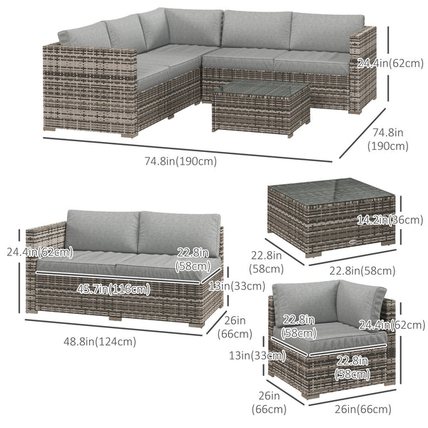 4 Pieces Garden Rattan Furniture Set, Wicker Patio Furniture Outdoor Conversation Set with Corner Sofa Loveseats Coffee Table Cushions for Backyard Pool, Mixed Grey
