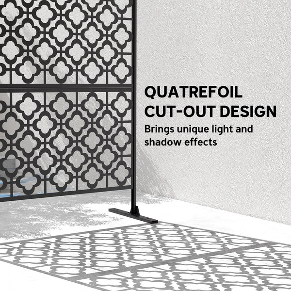 Metal Outdoor Privacy Screen, 78" x 48" Freestanding Outdoor Divider with Stand, Decorative Privacy Panel with Quatrefoil Cut-out Design for Garden Patio Backyard, Black