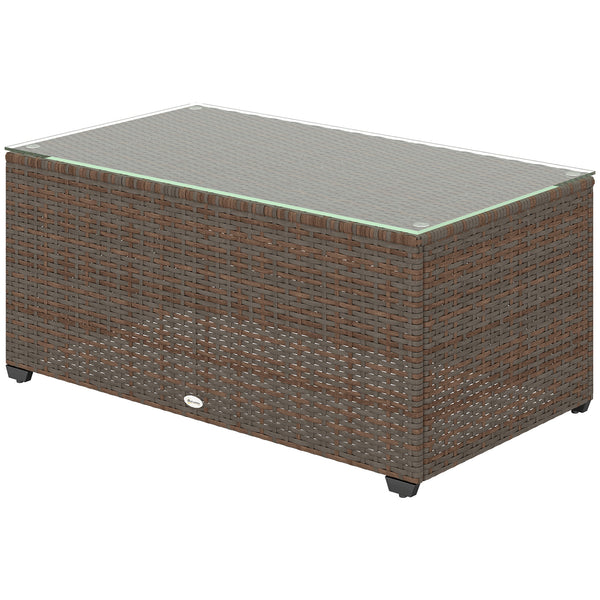 Outdoor Coffee Table, PE Rattan Side Table with Tempered Glass Top, Wicker Rectangular Garden Coffee Table End Table with Steel Frame for Patio, Balcony, 90 x 50 x 38cm, Brown