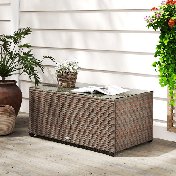 Outdoor Coffee Table, PE Rattan Side Table with Tempered Glass Top, Wicker Rectangular Garden Coffee Table End Table with Steel Frame for Patio, Balcony, 90 x 50 x 38cm, Brown