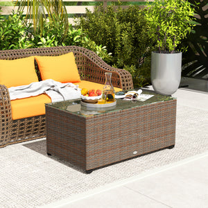 Outdoor Coffee Table, PE Rattan Side Table with Tempered Glass Top, Wicker Rectangular Garden Coffee Table End Table with Steel Frame for Patio, Balcony, 90 x 50 x 38cm, Brown