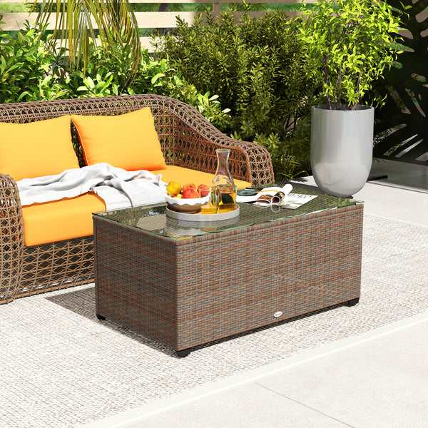 Outdoor Coffee Table, PE Rattan Side Table with Tempered Glass Top, Wicker Rectangular Garden Coffee Table End Table with Steel Frame for Patio, Balcony, 90 x 50 x 38cm, Brown