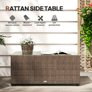 Outdoor Coffee Table, PE Rattan Side Table with Tempered Glass Top, Wicker Rectangular Garden Coffee Table End Table with Steel Frame for Patio, Balcony, 90 x 50 x 38cm, Brown