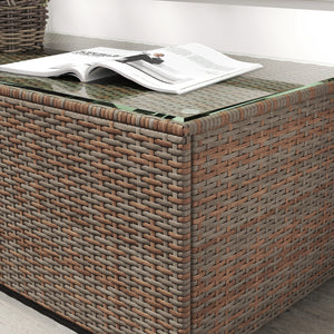Outdoor Coffee Table, PE Rattan Side Table with Tempered Glass Top, Wicker Rectangular Garden Coffee Table End Table with Steel Frame for Patio, Balcony, 90 x 50 x 38cm, Brown