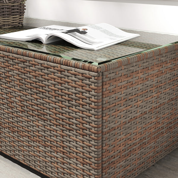 Outdoor Coffee Table, PE Rattan Side Table with Tempered Glass Top, Wicker Rectangular Garden Coffee Table End Table with Steel Frame for Patio, Balcony, 90 x 50 x 38cm, Brown