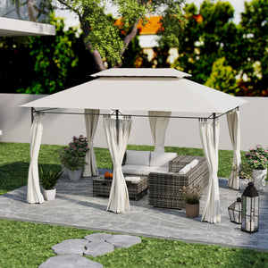 Outsunny 10' x 13' Patio Gazebo, Double Roof Outdoor Gazebo Canopy Shelter with Curtains, Solid Metal Frame for Garden, Lawn, Backyard and Deck, Cream White