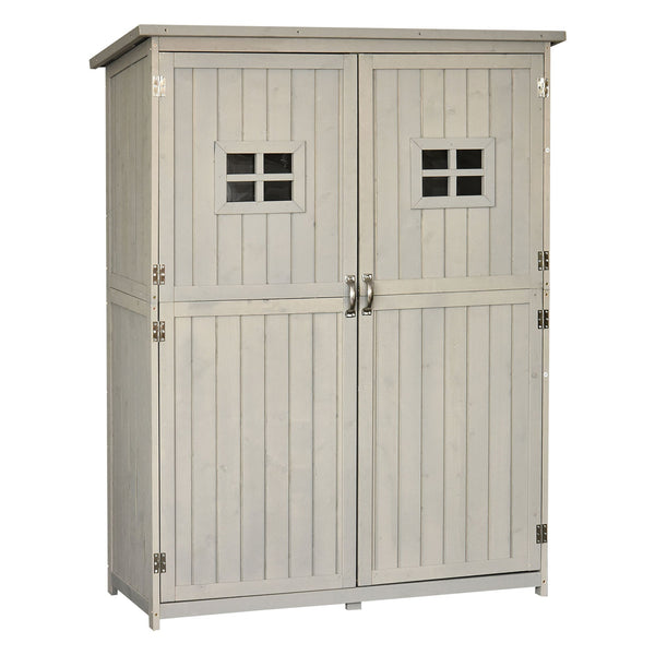 Wooden Garden Shed with Two Windows, Tool Storage Cabinet, Outdoor Double Door Organizer 127.5L x 50W x 164H cm, Grey