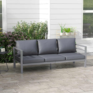 Garden Bench with Cushions, 3-Seater Sofa, Aluminium Frame Outdoor Furniture with Backrest, Armrest and Back Cushions, 185 x 66 x 64cm, Grey
