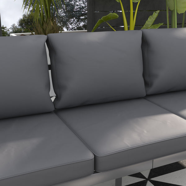Garden Bench with Cushions, 3-Seater Sofa, Aluminium Frame Outdoor Furniture with Backrest, Armrest and Back Cushions, 185 x 66 x 64cm, Grey