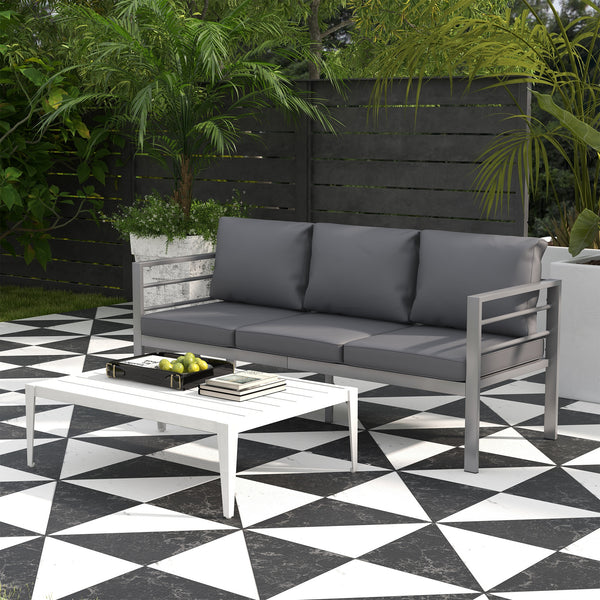 Garden Bench with Cushions, 3-Seater Sofa, Aluminium Frame Outdoor Furniture with Backrest, Armrest and Back Cushions, 185 x 66 x 64cm, Grey