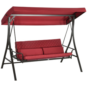 3 Person Porch Swing Bed, Outdoor Patio Swing Chair Bench Hammock with Adjustable Canopy, Cushions, Pillows for Porch and Backyard, Red