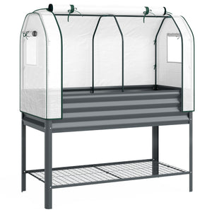 Galvanised Raised Garden Bed with Greenhouse Cover, Metal Elevated Garden Bed with Legs, Bed Liner and Bottom Shelf, Outdoor Raised Planter Box for Vegetables, Herbs, Flowers, Dark Gray