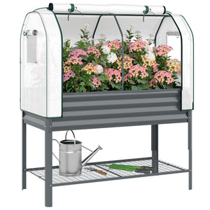 Galvanised Raised Garden Bed with Greenhouse Cover, Metal Elevated Garden Bed with Legs, Bed Liner and Bottom Shelf, Outdoor Raised Planter Box for Vegetables, Herbs, Flowers, Dark Gray