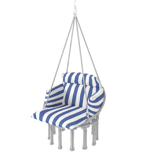 Hammock Swing Chair, Outdoor Hanging Chair with Large Cushion, Cotton Rope Weaving Macrame Swing with Chain, 265 LBS Capacity for Indoor, Outdoor, Bedroom, Patio, Balcony, Blue and White