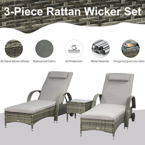 3 Pieces Wicker Patio Lounger Set with Table, PE Rattan Outdoor Lounge Chair Set with Cushions, Wheels, 5-Level Reclining Backrest, Headrest, Mixed Grey
