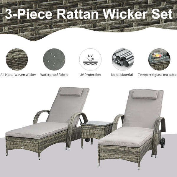 3 Pieces Wicker Patio Lounger Set with Table, PE Rattan Outdoor Lounge Chair Set with Cushions, Wheels, 5-Level Reclining Backrest, Headrest, Mixed Grey