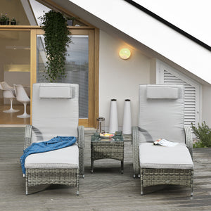 3 Pieces Wicker Patio Lounger Set with Table, PE Rattan Outdoor Lounge Chair Set with Cushions, Wheels, 5-Level Reclining Backrest, Headrest, Mixed Grey